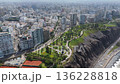 Aerial view of Lima's coastline, showcasing modern architecture and a scenic cliffside park 136228818