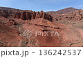 Travel destination Konorchek canyon, sheer cliffs subject to erosion, nature landmark Kyrgyzstan, Central Asia. Rock formation, natural landscape, hiking trekking area, sandstone red rocks. Aerial 4k 136242537