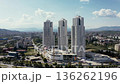 Aerial view of urban skyscraper construction site 136262196