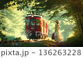 森の中を走る赤い列車とスーツケースを持つ女性のイラスト　ノスタルジックで幻想的な旅の風景 136263228