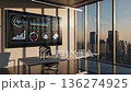 Modern Office Workspace with Stunning City View and Digital Dashboards Showcasing Key Performance Indicators Reflecting a Busy Corporate Environment 136274925