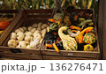 Red pumpkins display in wooden crates at farm market 136276471