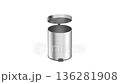 Opening the lid of an empty silver pedal garbage bin 136281908