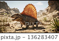 A 3DCG illustration of the Dimetrodon, a prehistoric creature with a distinctive large sail on its back. A pioneer of the Permian dinosaur era. Realistic. 136283407