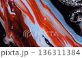 Abstract unique background flowing waves, water ripples, marble, moving multicolored liquid paint of red, blue, white colors. 136311384
