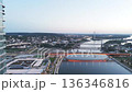 Travel and European capitals concept. Panoramic view of Belgrade Waterfront. View from the top of Belgrade Waterfront towers. View at Belgrade Waterfront buildings and Sava river 136346816