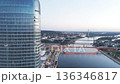 Travel and European capitals concept. Panoramic view of Belgrade Waterfront. View from the top of Belgrade Waterfront towers. View at Belgrade Waterfront buildings and Sava river 136346817