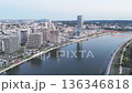 Travel and European capitals concept. Panoramic view of Belgrade Waterfront. View from the top of Belgrade Waterfront towers. View at Belgrade Waterfront buildings and Sava river 136346818