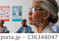 Professional mature african american businesswoman with glasses listening attentively during corporate meeting or medical conference presentation 136348047