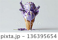 Enjoying lavender ice cream on a warm day in a cozy cafe setting 136395654