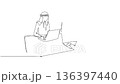 Self drawing animation of single line draw three Arab businessmen working together in office. Professionals focused on their laptop and technological advancement. Continuous line. Full length animated 136397440