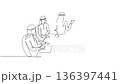 Animated self drawing of continuous line draw five Saudi men in corporate meeting. Leader presenting to colleagues who are working with laptops and notebooks at table. Full length one line animation 136397441