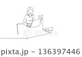 Animated self drawing of continuous line draw three professional women working together at desk with laptop. Modern technology use and partnership in office environment. Full length one line animation 136397446