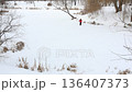 A lone skier gliding across a snow-covered frozen river in winter scenery. 136407373