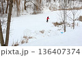 Winter activity: cross-country skiing on a snow-covered lake with a lone skier in a red jacket. 136407374