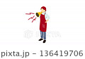 Isometric illustration animation: A woman in a red apron shouting into a megaphone 136419706