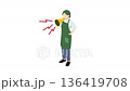 Isometric illustration animation: A woman wearing a green apron shouting into a megaphone 136419708