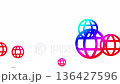 Rainbow-colored global icons burst from the center of the screen in this particle animation. White background. 4K animation. 136427596