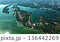 aerial view of vibrant green islands surrounded by waterways. river is polluted with green bacteria due to reproduction during summer water bloom. consequences of warming and technological pollution 136442269