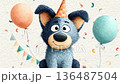 Party celebration with a cartoon dog wearing a hat and holding balloons 136487504