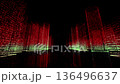 Motion through the red and green colored model of digital city contained of random symbols and grids on black background. Business, communications or digital tech concept. 3d rendering 4k video 136496637