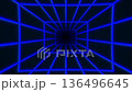 A vibrant blue wireframe tunnel with geometric lines creating a sense of depth and motion, ideal for digital designs and backgrounds. 136496645