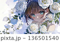 A portrait of a beautiful girl surrounded by white roses. A luxurious spring flower illustration. 136501540