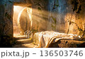 Empty Tomb of Jesus with Shroud and Rolled Stone Resurrection Concept 136503746