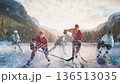 Hockey Player Skating with Intensity on Snowy Mountain Rink 136513035