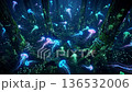 Hight quality with no any deformation. Abstract footage of neon jellyfishes floating in a forest. Ai video. 136532006
