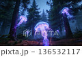 Hight quality with no any deformation. Abstract footage of neon jellyfishes floating in a forest. Ai video. 136532117