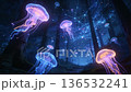 Hight quality with no any deformation. Abstract footage of neon jellyfishes floating in a forest. Ai video. 136532241