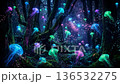 Hight quality with no any deformation. Abstract footage of neon jellyfishes floating in a forest. Ai video. 136532275