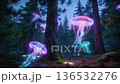 Hight quality with no any deformation. Abstract footage of neon jellyfishes floating in a forest. Ai video. 136532276