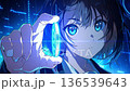 A virtual currency image of a beautiful anime girl holding up a bitcoin and a futuristic digital background 136539643