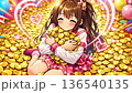 Illustration of a beautiful anime girl happy to embrace a gold coin and increase her luck and success 136540135