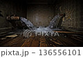 Water floods a dark, decaying room from a rusty pipe. Peeling wallpaper, damaged floor. 136556101