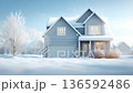 Cozy winter home surrounded by snow-covered landscape, showcasing serene atmosphere, camera gradually zooms in on the charming details 136592486