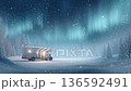 Cozy camper van illuminated under the enchanting northern lights, surrounded by snow-covered trees, capturing a serene winter night atmosphere 136592491
