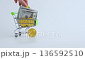 Shopping cart filled with cash and coins, hand adding gold coin, showcasing financial transactions, camera zooms in on action 136592510