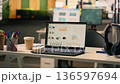 Company data reports running on laptop in empty business office, showcasing data analysis and performance metrics at desk setup. Modern bright work environment with natural light. 136597694