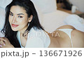 Beautiful Asian Woman Photo Model Posing in Bed Wearing Sexy White Lingerie 136671926