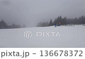 Concept of bad weather and snow storm. A skier skis down a snowy slope in poor weather and visibility. First-person view 136678372