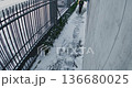 Courier From Delivery Service Moves Down Snow Cleared Sidewalk With Oversized Insulated Backpack 136680025