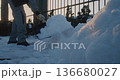 Homeowner in Winter Gear Cleaning Snow in Cold Weather. 136680027