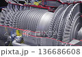 Detailed engine crosssection. Educational illustration of turbine engine components. Full turbine 136686608
