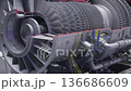 Engine test stand with sensors. Closeup of airplane engine on testing platform. Maintenance setup 136686609