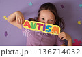 An autistic girl shows a card with the word autism. The diversity of people on the autism spectrum. 136714032
