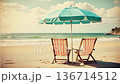 Vintage beach scene with striped umbrella and deck chair by the ocean. Generated AI 136714512
