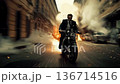 Action hero in suit racing on motorcycle through bullet storm in open daylight, intense cinematic angle chase 136714516